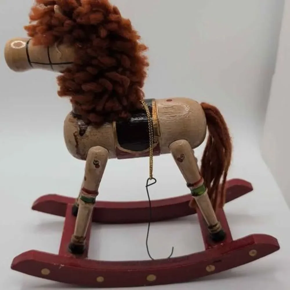Vintage 1980 Wooden Rocking Horse Christmas Ornament Hand Painted Yarn Mane